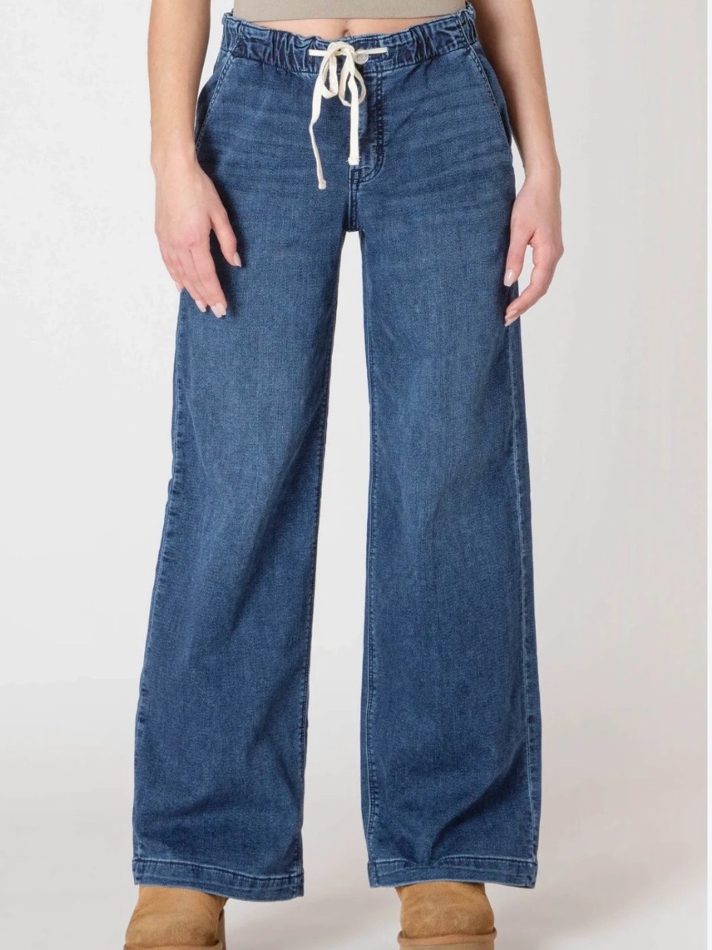 Wide Leg Denim Pants with Drawstring - Blue